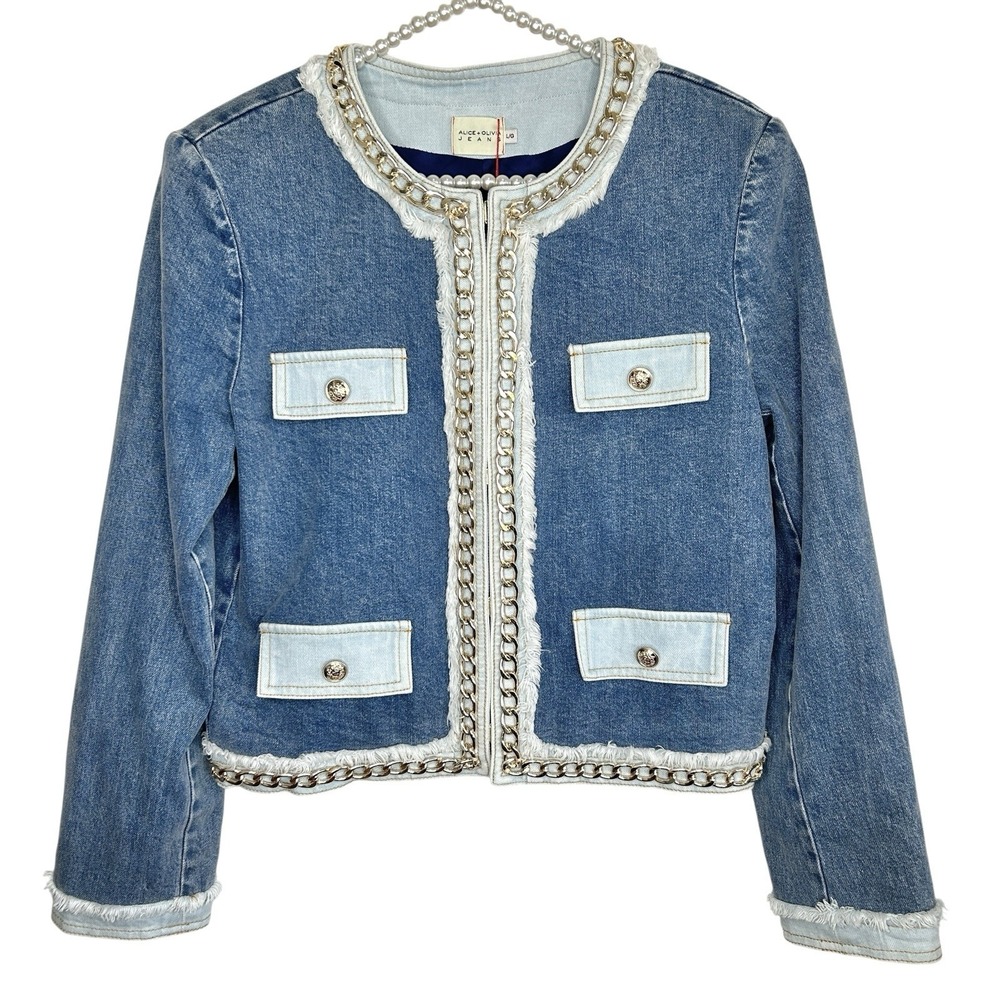 Alice + Olivia Landon Cropped Denim Jacket‎ Large Y2k NYE Designer Party NWT